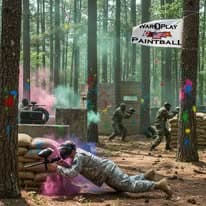 Paintball action — full smoke and flying paint